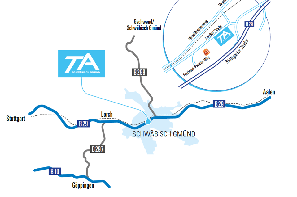 Eine Karte, auf der die Lage der TA Schwäbisch Gmünd im Verhältnis zu den Hauptverkehrsstraßen B29 und B298 sowie zu den nahegelegenen Städten Stuttgart, Aalen und Göppingen dargestellt ist, mit einer Einblendung, die die örtliche Straßenansicht zeigt.