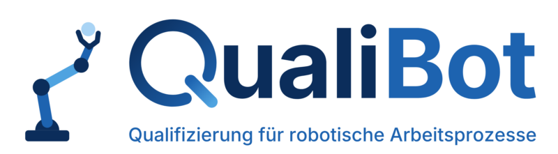 Logo for QualiBot featuring an illustration of a robotic arm and the text 'Upskilling for robot-assisted work processes'.
