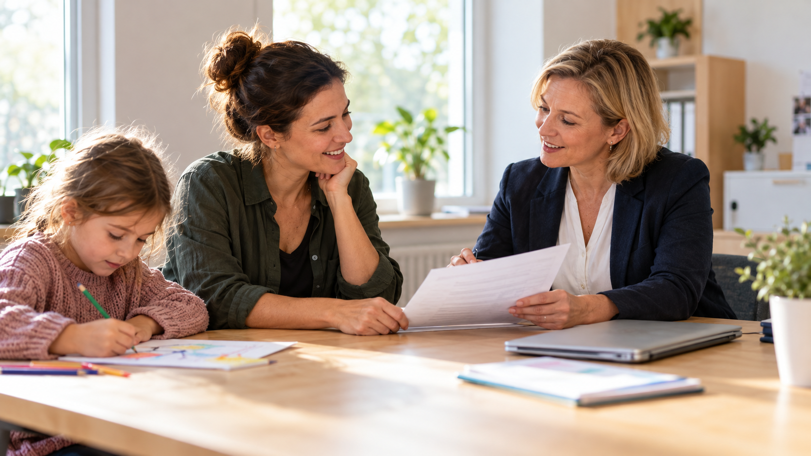 A woman and her young daughter sit at a table with a professional woman who is currently reviewing documents.