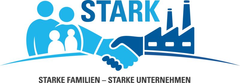 Logo with the word STARK, an illustration of a family and a factory shaking hands, and the text STRONG FAMILIES – STRONG COMPANIES.